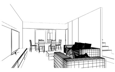 living area drawings in modern style,3d rendering