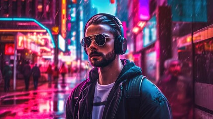 Obraz premium man in the city neon light