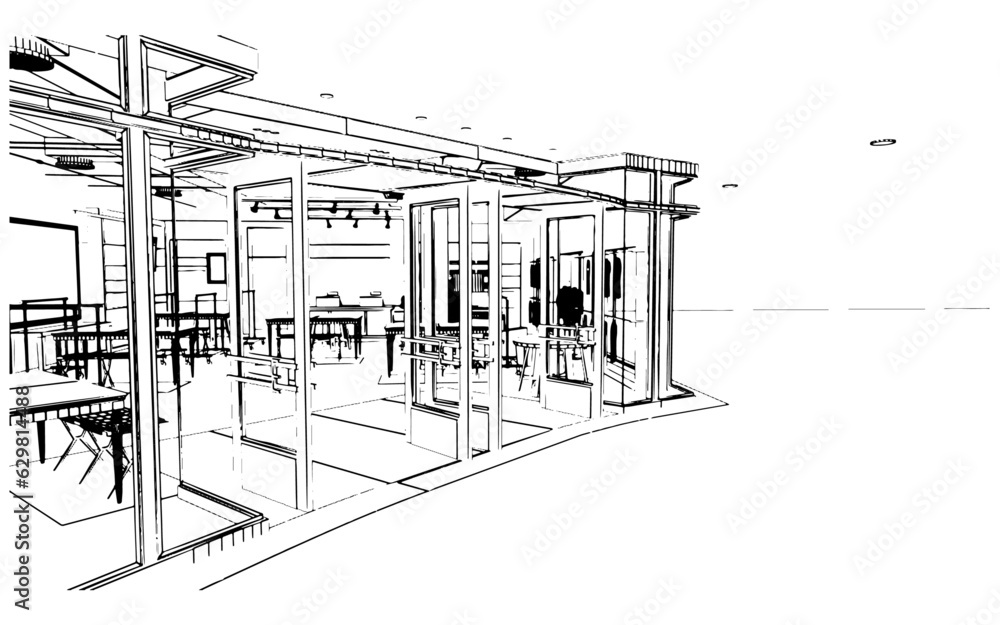 Poster department store hall space line drawing store page of products and services,3d rendering