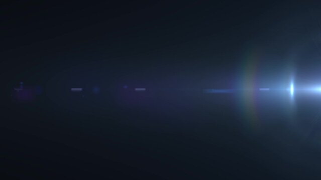 Optical lens flare on dark background, streaks and circles of lights moving horizontally from right side of the screen, reflection of light within the lens elements concept.