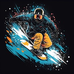 Snowboarding. illustration of a jumping snowboarder in trendy flat style, isolated on black background. Generative ai