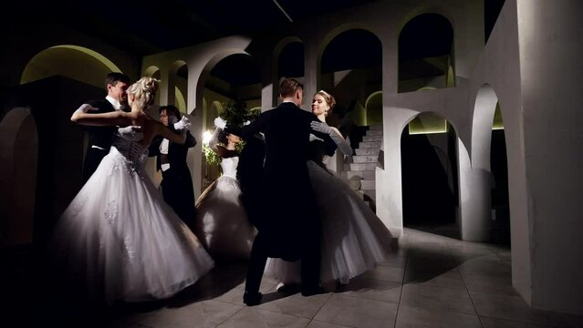 fabulous dance ball in royal castle, dancing pairs whirling in waltz by classical music, romantic fairytale