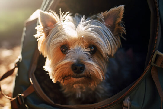 Small White Dog Being Carried In Backpack. Generative AI Illustration