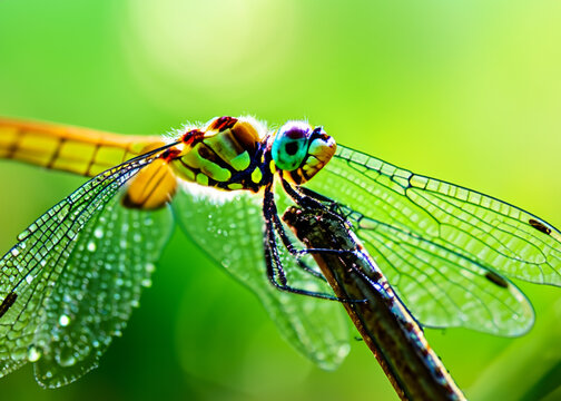 macro closeup photo of a dragonfly on blurred green natural background, sun rays, water droplets created with generative ai technology
