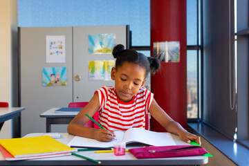Focused african american schoolgirl sitting at desk and learning in classroom at elementary school