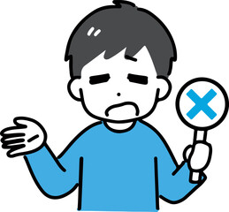 困った顔でバツのサインを出す私服の若い男性(上半身・正面)