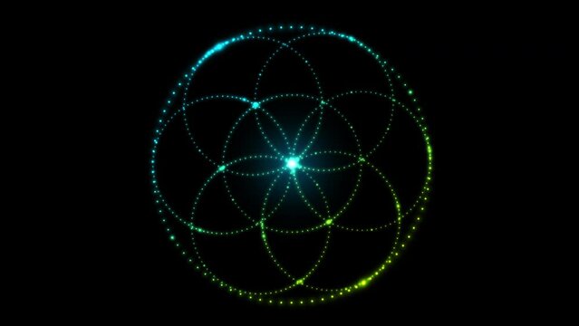 Flower of life, made from small neon blinking dots, light bulbs, with a beautiful and smooth gradient, isolated on a black background. Sacred geometry. 4k loop video animation 60 fp.