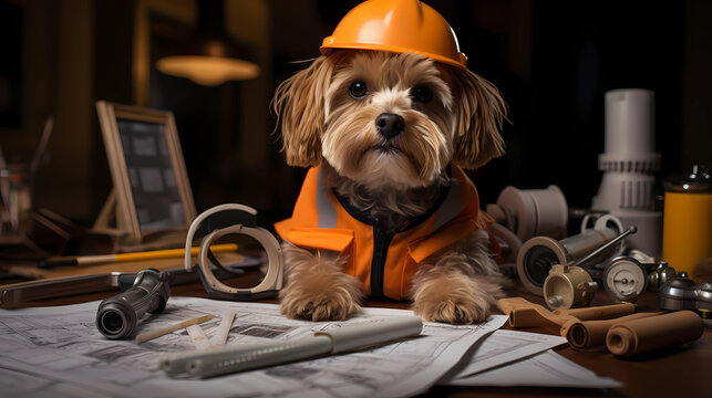 dog dressed in a tiny work suit, holding a mini blueprint and standing in front of a small desk