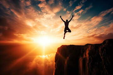silhouette of a person jumping above a cliff with arms in the air, success concept, a new beginning