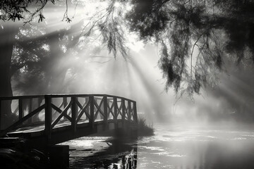 old bridge over the river on the fog