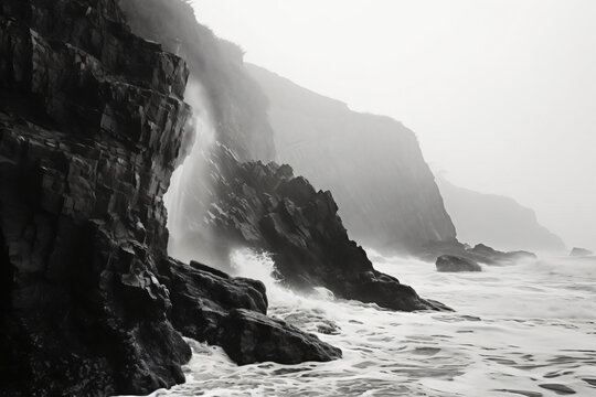  mountain cliff over ocean on a foggy morning, wave crashing on the mountain