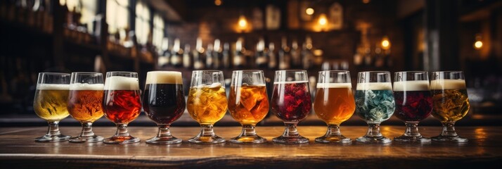 assorted beers draft beer in glass Draft beer in glasses on a row of bars bar background blur