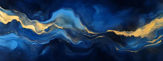 Foto auf Acrylglas Antireflex Abstract marble marbled ink painted painting texture luxury background banner - Blue waves swirls gold painted splashes (Generative Ai) © Corri Seizinger