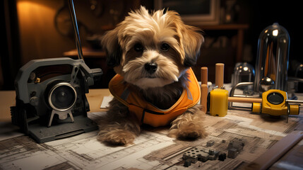 dog dressed in a tiny work suit, holding a mini blueprint and standing in front of a small desk