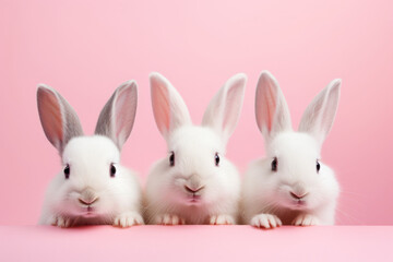 Obraz premium Three cute white rabbits grab the edge of the pink table for photo group poses with the pink background.