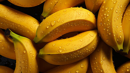Fresh banana background, adorned with glistening droplets of water.