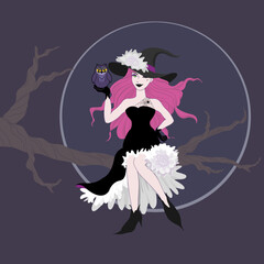 Vector Halloween cartoon character drawing, beauty pink long hair witch ware black and white dress, witch’s hat, holding violet owl sitting on dry tree branch, blue moon in dark night background