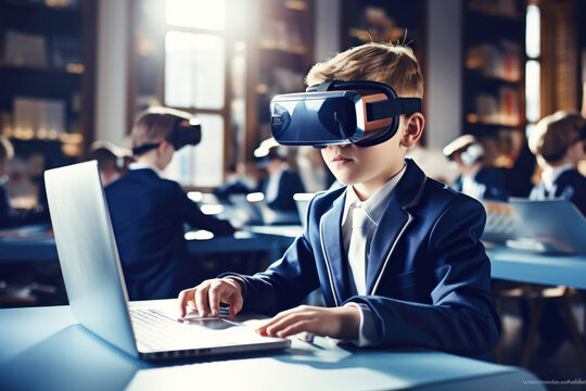 A boy in the classroom with a laptop and virtual reality glasses