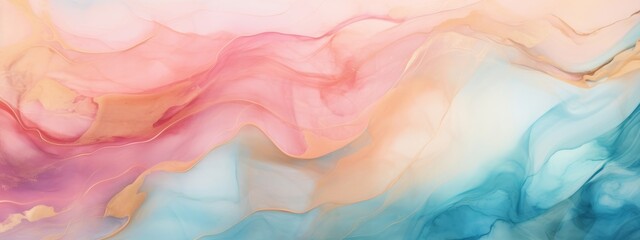 Fototapeta na wymiar Abstract watercolor paint background illustration web design - Soft blue pink pastel color waves and gold lines, with liquid fluid marbled paper texture banner texture (Generative Ai)