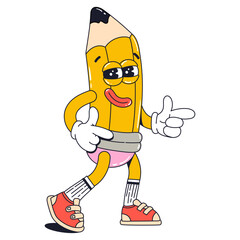 Isolated groovy character walking yellow crayon in gloves in flat retro classic cartoon style of 60s 70s on white background. Illustration for your design, print, card, poster, stickers
