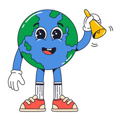 Isolated groovy character planet ringing the bell in gloves in flat retro classic cartoon style of 60s 70s on white background. Illustration for your design, print, card, poster, stickers