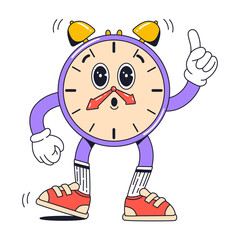 Isolated groovy character alarmclock in gloves in flat retro classic cartoon style of 60s 70s on white background. Illustration for your design, print, card, poster, stickers