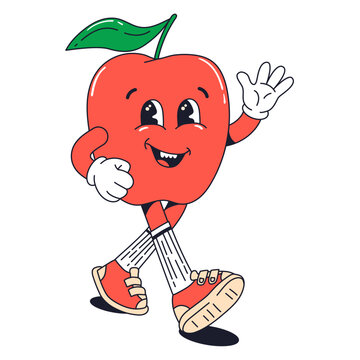 Isolated groovy character walking red apple in gloves in flat retro classic cartoon style of 60s 70s on white background. Illustration for your design, print, card, poster, stickers