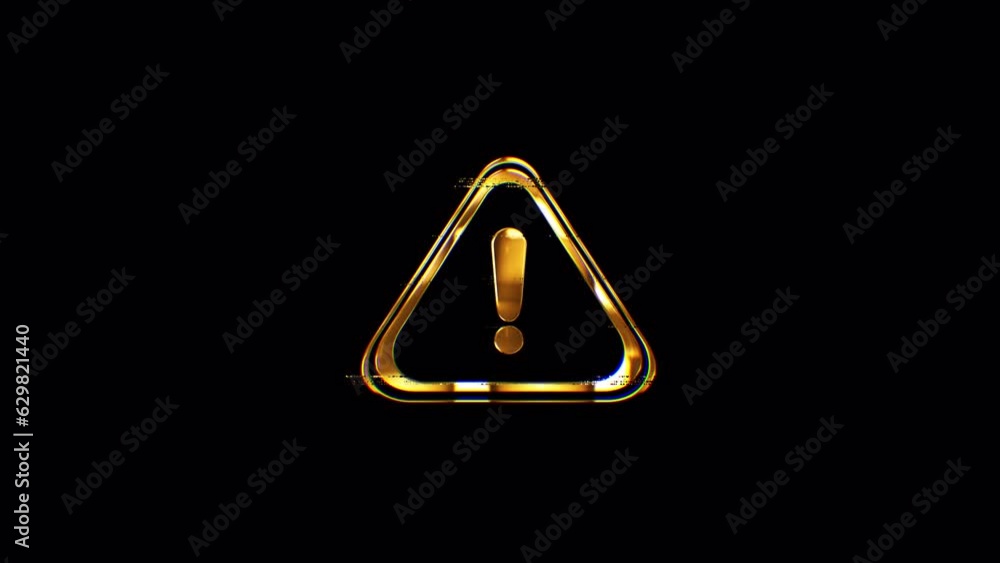 Poster loop alert icon golden shine light motion with glitch effect animation on black abstract background.