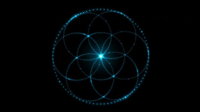 Flower of life made of small neon blinking dots isolated on black background. Sacred geometry. 4k loop video animation 60 fps.