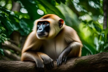 Fototapeta premium Monkey with beige fur sitting against green trees