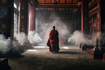 Solemn Ritual by Monks in Red Robes at a Secluded Tibetan Monastery - obrazy, fototapety, plakaty