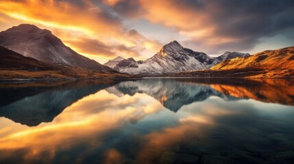 Fototapeta na wymiar Grandeur Mountain Range Under Setting Sun with Serene Lake Mirror