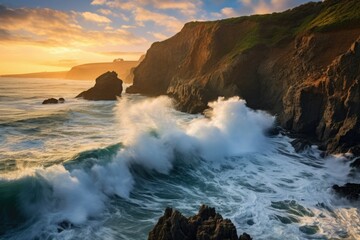 Sunrise over Jagged Coastline with Pounding Surf and Colorful Sky