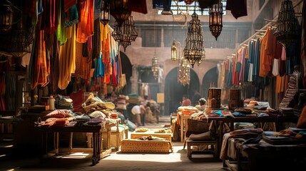 Naklejka premium Lively Moroccan Bazaar with Vibrantly Colored Fabrics and Energy of Bartering