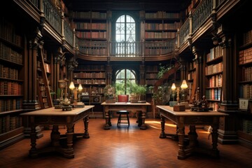 Old Library Interior with High Stacked Bookshelves