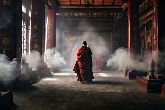 Solemn Ritual by Monks in Red Robes at a Secluded Tibetan Monastery