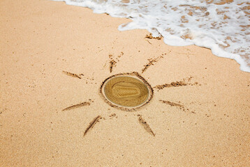collage - a straw hat covers the sun painted on the coastal sand