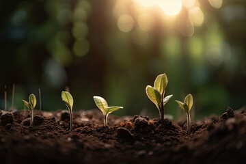 Small sprouted plants on a green background, concept of caring for the environment and growing in suitable external conditions. World Environment Day