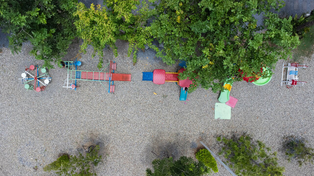 Aerial View Of The Playground In The Park. Playground At A Public Park From Above.