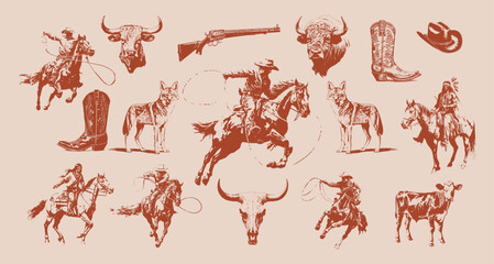 Western Rodeo Cowboy Vector Set, Vintage Earthy, Buffalo, Cattle, Coyote, Cowboy Boot, Skull, wild west desert aesthetic	 - 629823411
