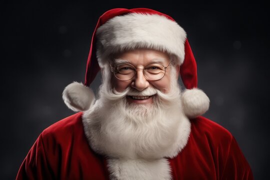 Close up photo of positive cheerful santa claus looking in camera wearing a red costume hat on background. Generative Ai.