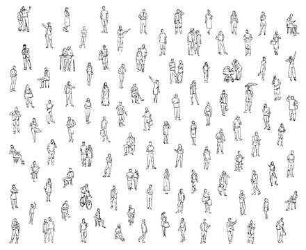 Set sillhouettes people in sketch style. Hand draw man, woman, child, couple isolated on white background. Collection simple vector illustration.