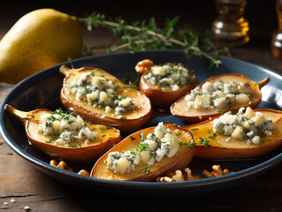 baked pears with blue cheese, honey, thyme and walnuts