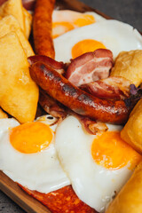 eggs, bacon and sausage on a plate