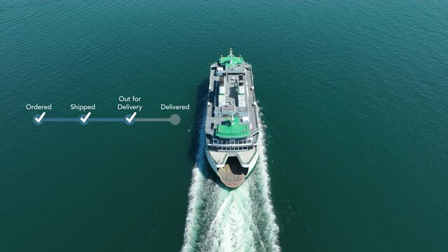 Animated progress bar over a large sea vessel out making deliveries.