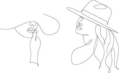 Abstract linear woman in hat. Minimal portrait. Head fashionable accessory. One line continuous. Beauty and glamour concept. Cap headgears for lady. Hand drawn vector illustration.