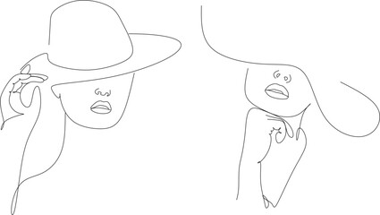 Abstract linear woman in hat. Minimal portrait. Head fashionable accessory. One line continuous. Beauty and glamour concept. Cap headgears for lady. Hand drawn vector illustration.