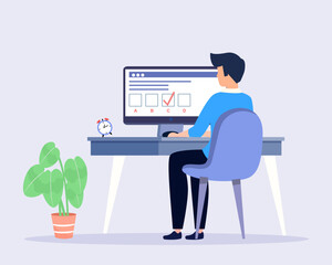 The men chooses the correct answer in test concept of online exam, questionnaire form, distance learning