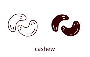 Cashew nut icon, line editable stroke and silhouette