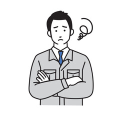 腕組みをする作業服を着た男性作業員のシンプルなイラスト

